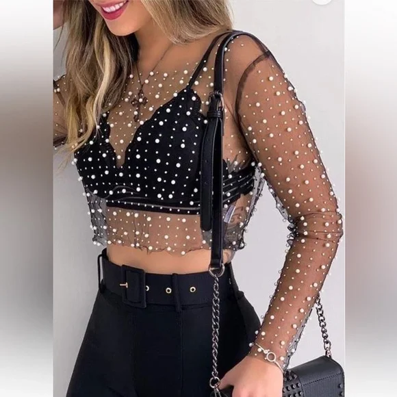 Sheer Black Crop Top with Pearl Detailing Large - Picture 2 of 4